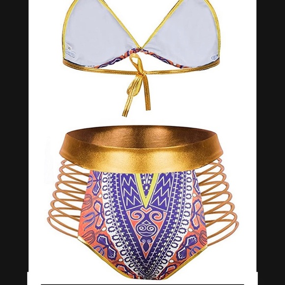 Purple coral & gold strappy high waisted bikini M - Picture 3 of 5